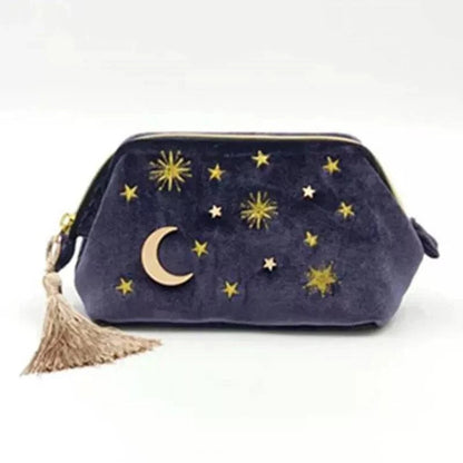 Cute Velvet Embroidery Cosmetic Bag Travel Organizer Women Makeup Bag Zipper Make Up Pouch with Moon Star Tassel Deco - PST PS Tradings