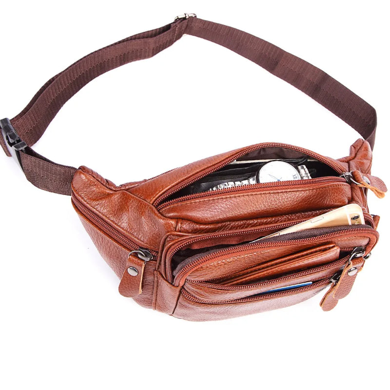 Fashion Men Genuine Leather Fanny Bag for Phone Pouch Male Leather Messenger Bags Brand Fanny Pack Male Travel Waist Bag Men - Property & Safety Tradings