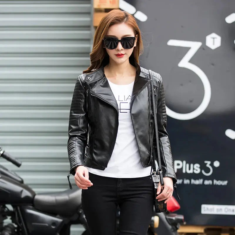 Fitaylor Spring Autumn Women Punk Leather Jacket PU Faux Leather Jackets Basic Bomber Leather Motorcycle Black Coat - Property & Safety Tradings