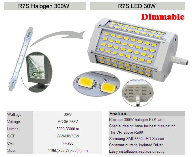 30w Led R7S light 118mm no Fan dimmable R7S lamp J118 Tube food light 3 years warranty AC110-240V