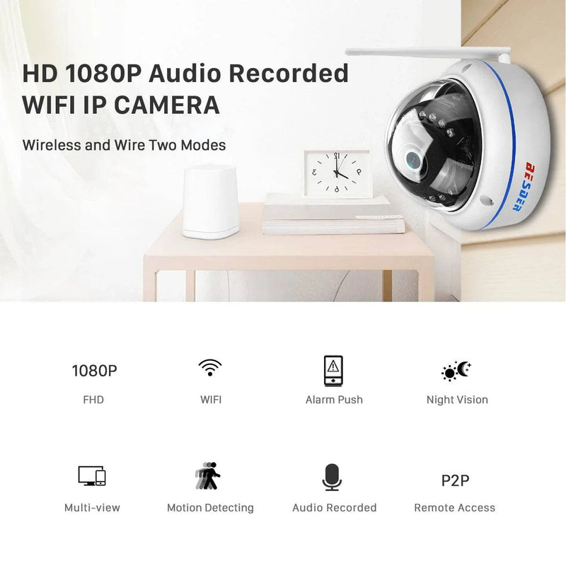 HD1080P Vandal-proof IP Camera WiFi SD Card Slot 64Gb Motion Ai Detect Alert Dome 2MP Audio Security CCTV Camera Xmeye P2P ICSee - Property & Safety Tradings