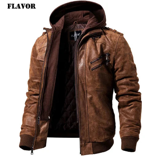 FLAVOR Men's Real Leather Jacket Men Motorcycle Removable Hood winter coat Men Warm Genuine Leather Jackets