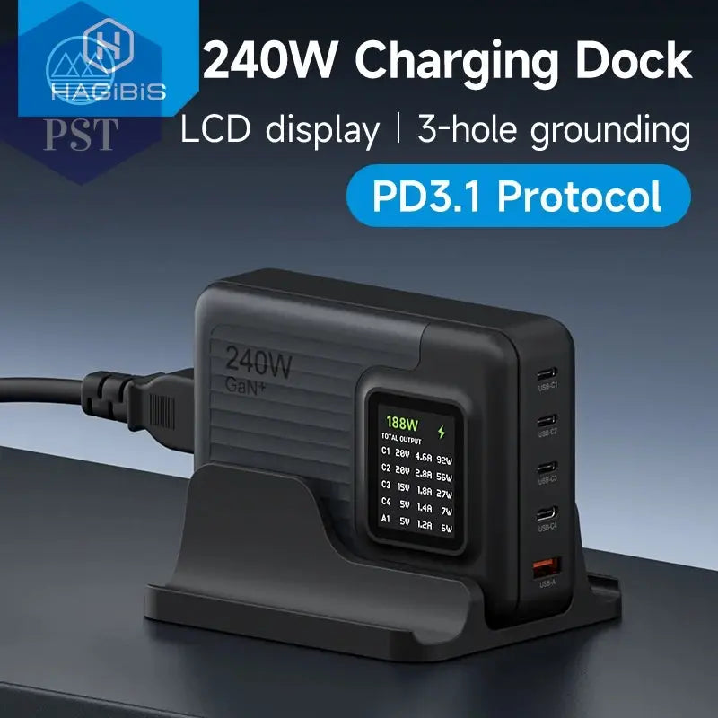 Hagibis 240W USB C Ladegerät 5 Ports Gan 140W PD3.1 Schnellladegerät