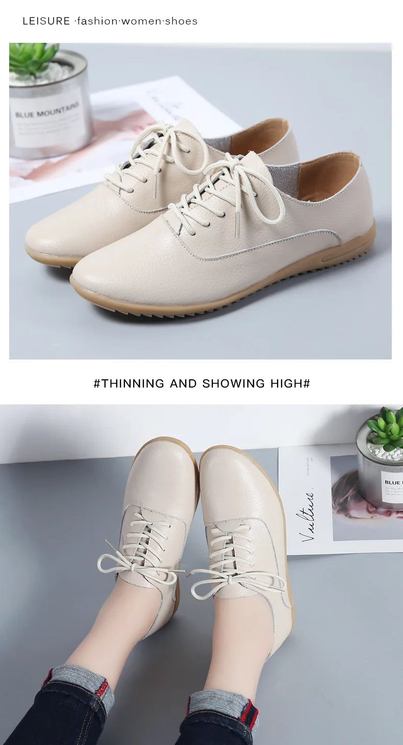 Spring Summer Women Oxford Shoes Ballerina Flats Shoes Women Genuine Leather Shoes Moccasins Lace Up Loafers Zapatos Mujer - PST PS Tradings