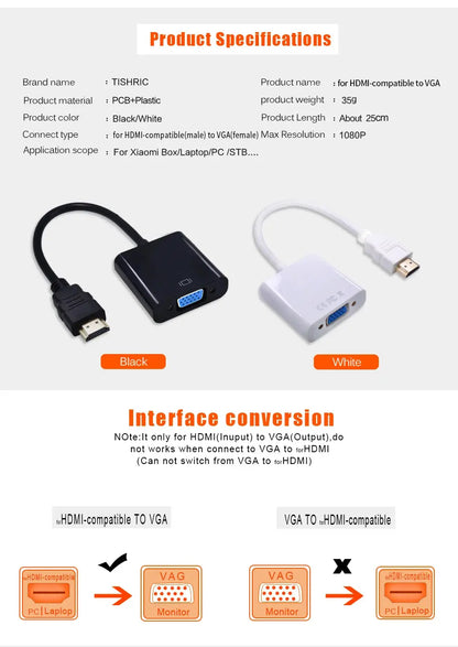 TISHRIC HDMI-compatible TO VGA Adapter 1080P Digital TO Analog Audio Converter Male To Famale For PC Laptop TV Box Projector - Property & Safety Tradings