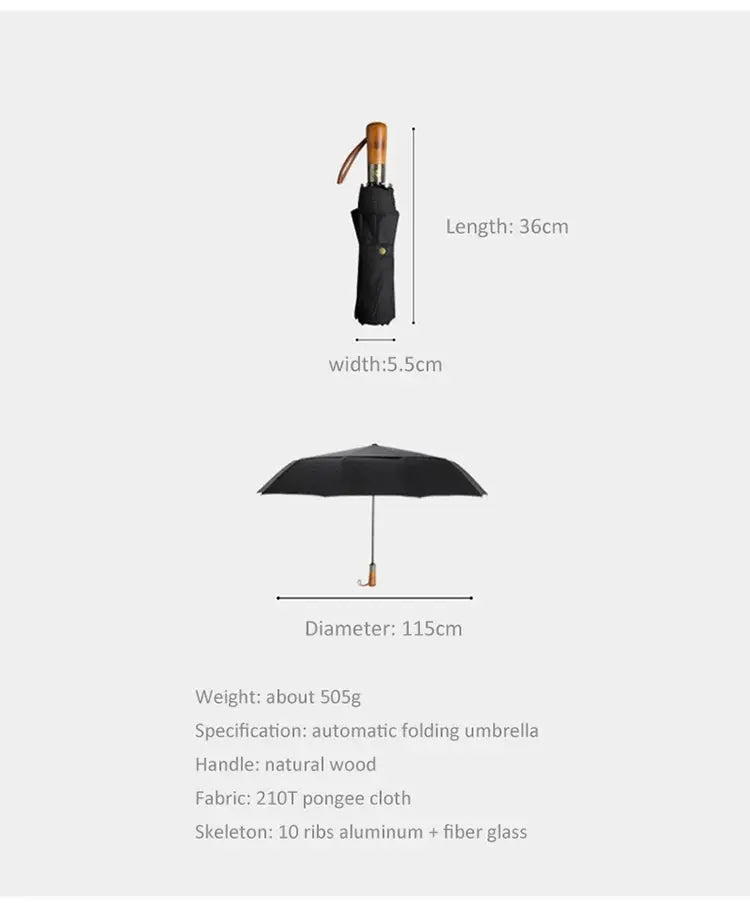 PARACHASE Big Umbrella Men Business Style 115cm Automatic Umbrella Rain Double Layer 10K Windproof Large Golf Umbrellas Wooden - Property & Safety Tradings