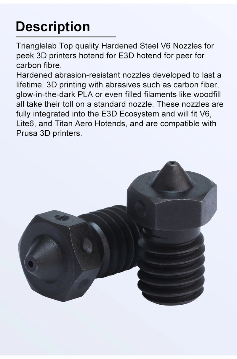 RTrianglelab  A2 Hardened Steel V6 Nozzle compatible PEI PEEK  Carbon Fiber Filament For v6 HOTEND Dragon RAPIDO Matrix EXTRUDER