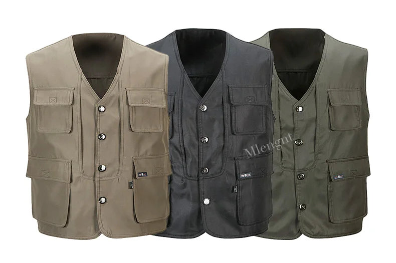 2021 Men Multi-Pocket Classic Waistcoat Male Sleeveless Unloading Solid Coat Work Vest Photographer Tactical Mesh Vest Jacket