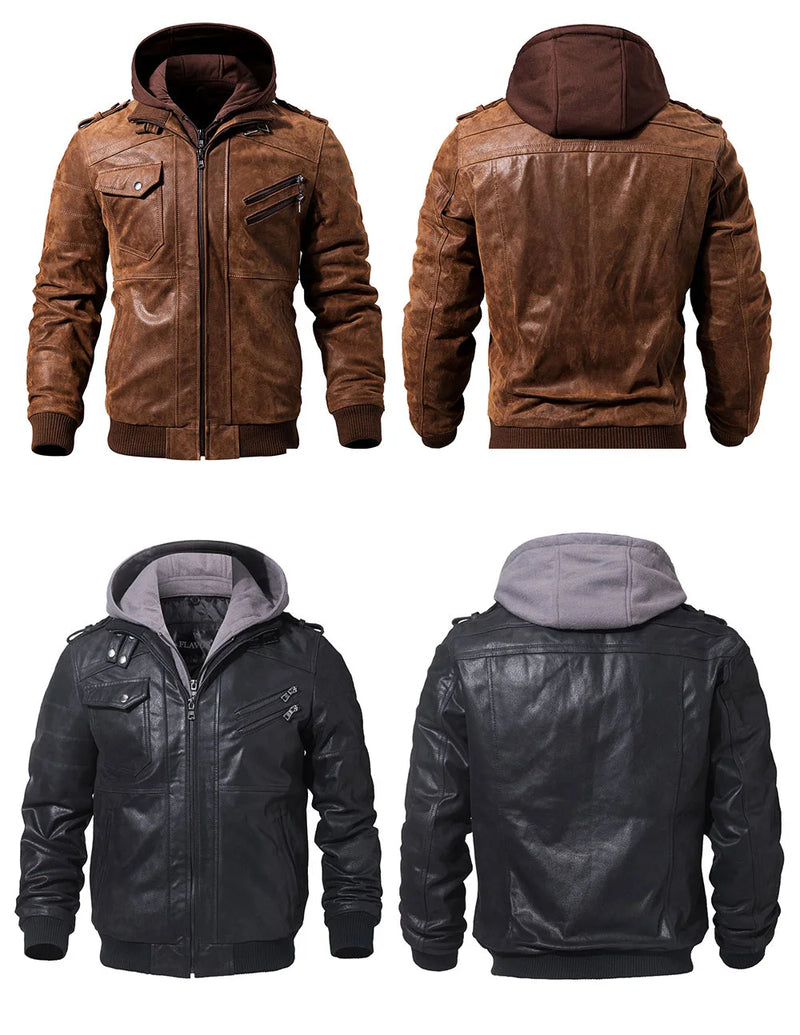 FLAVOR Men's Real Leather Jacket Men Motorcycle Removable Hood winter coat Men Warm Genuine Leather Jackets