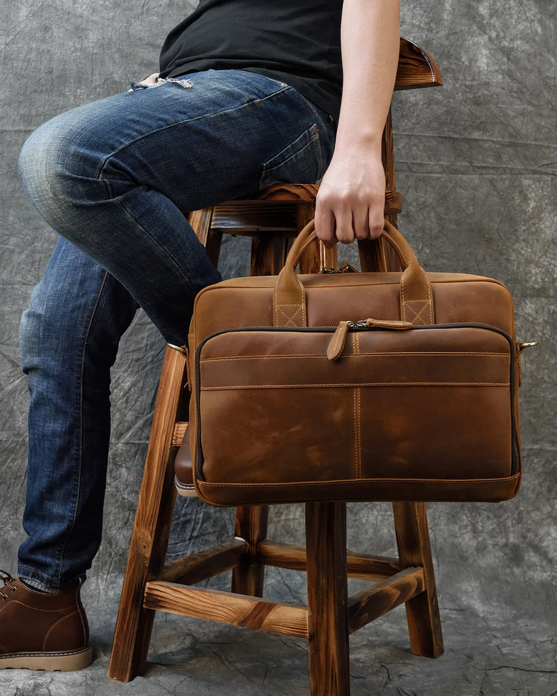 Crazy Horse Genuine Leather Men Briefcase Vintage 16 inch Big Business Laptop Handbag Large Cowhide Messenger Shoulder Bag Man