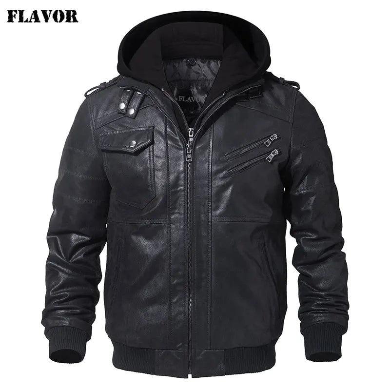 FLAVOR Men's Real Leather Jacket Men Motorcycle Removable Hood winter coat Men Warm Genuine Leather Jackets