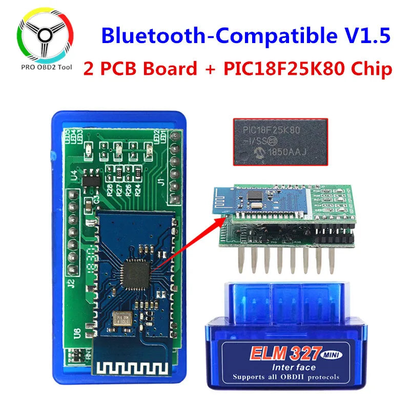 Super Mini ELM327 V1.5 PIC1825K80 Chip Bluetooth-Compatible Double Board OBD2 Diagnostic Tool ELM 327 V1.5 for OBDII Protocols - PST PS Tradings