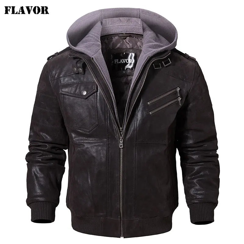 FLAVOR Men's Real Leather Jacket Men Motorcycle Removable Hood winter coat Men Warm Genuine Leather Jackets