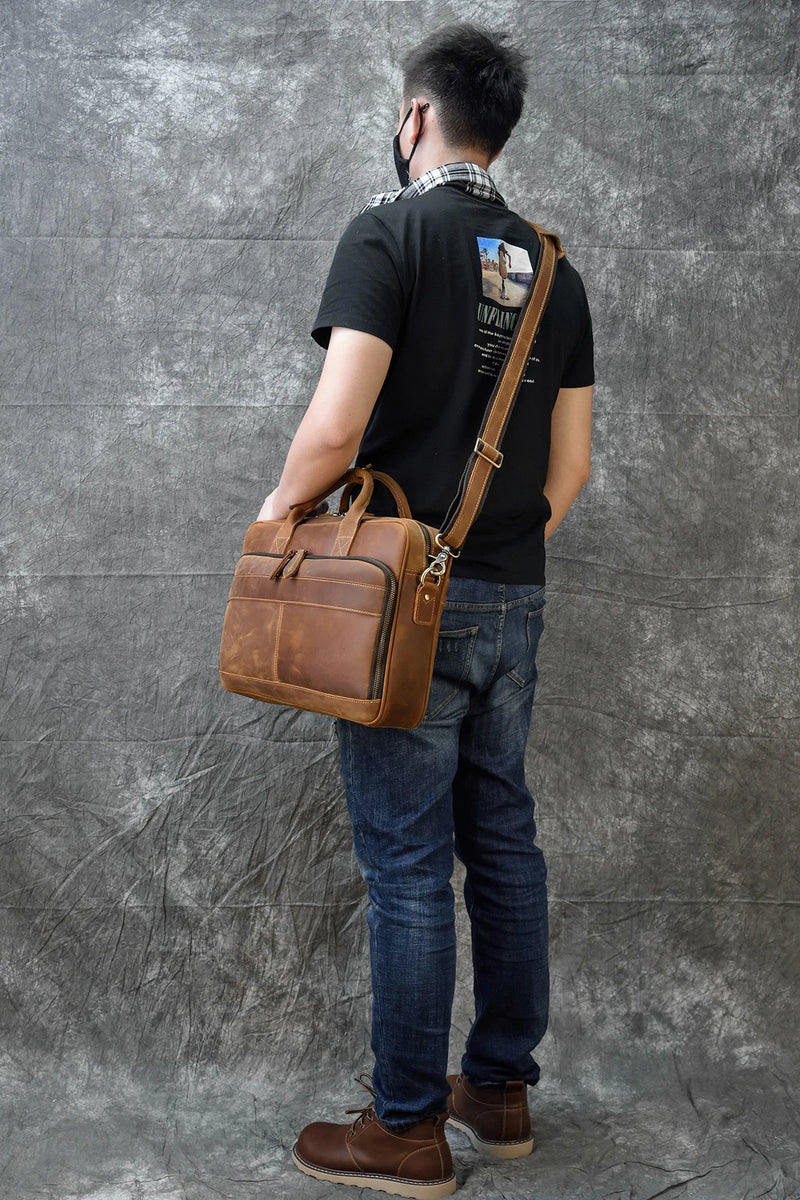 Crazy Horse Genuine Leather Men Briefcase Vintage 16 inch Big Business Laptop Handbag Large Cowhide Messenger Shoulder Bag Man