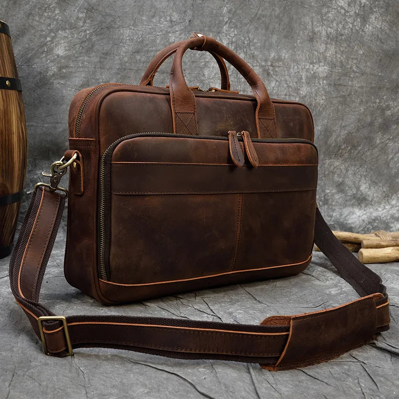 Crazy Horse Genuine Leather Men Briefcase Vintage 16 inch Big Business Laptop Handbag Large Cowhide Messenger Shoulder Bag Man