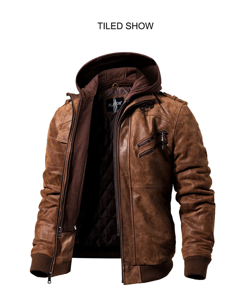 FLAVOR Men's Real Leather Jacket Men Motorcycle Removable Hood winter coat Men Warm Genuine Leather Jackets