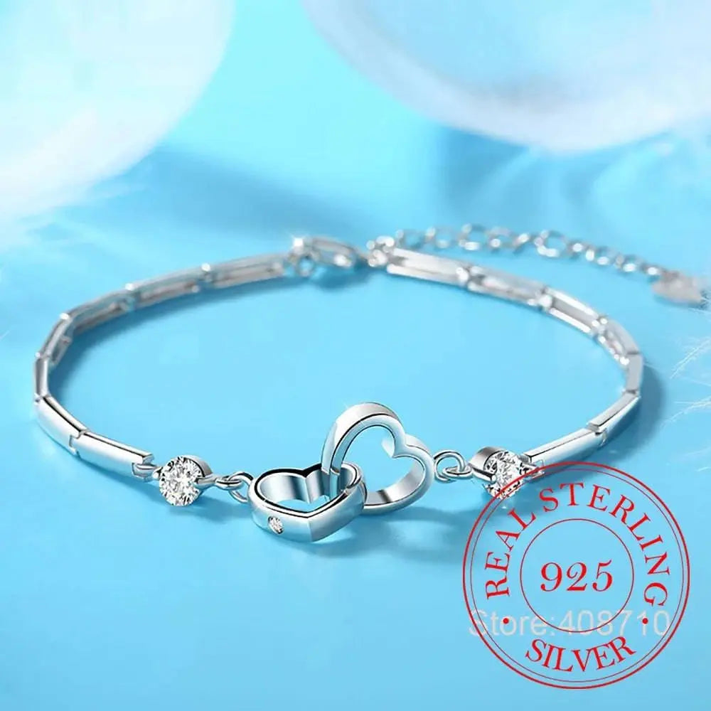 New Charms 925 Sterling Silver Bracelets Bangles for Women Valentine's Days Gift Cubic Zircon Double Heart Bracelet Jewelry - Property & Safety Tradings