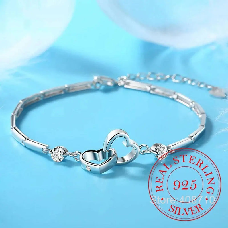 New Charms 925 Sterling Silver Bracelets Bangles for Women Valentine's Days Gift Cubic Zircon Double Heart Bracelet Jewelry - Property & Safety Tradings