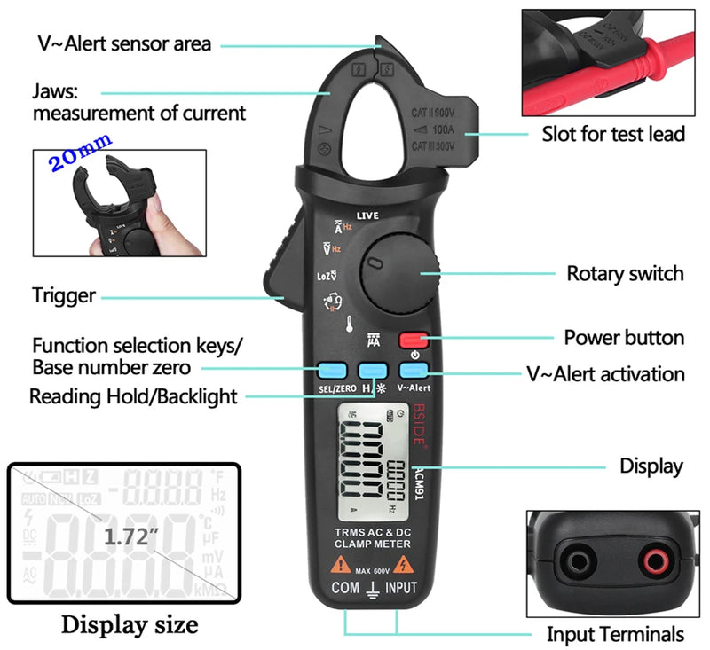 BSIDE Digital Clamp Meter 1mA High-Precision Ammeter Pliers True RMS DC AC Current Car Repair Electrical Temp Tester Multimeter