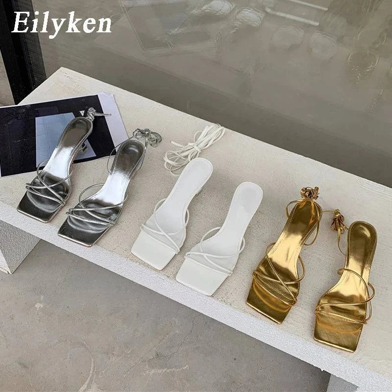 Eilyken Fashion Gold Silver Sandals Thin Low Heel Lace Up Rome Summer Gladiator Women Casual Narrow Band Shoes - Property & Safety Tradings