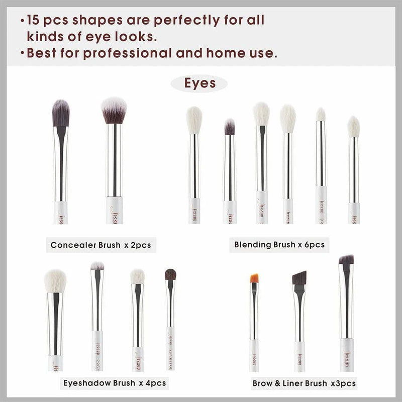 Jessup Professional Makeup Brushes Set 15pcs Make up Brush Pearl White/Silver Tools kit Eye Liner Shader natural-synthetic hair - Property & Safety Tradings