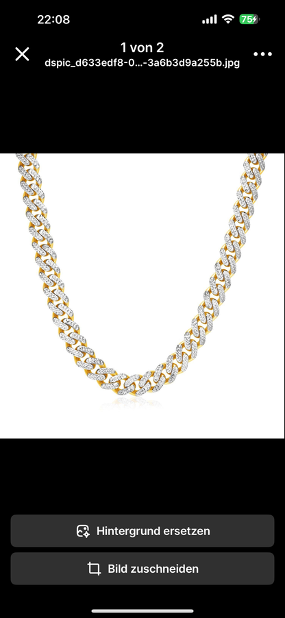 14k Gold Kette Karabin Miami Dubai Bling Two Tone Gold Cuban Chain Necklace with White Pave