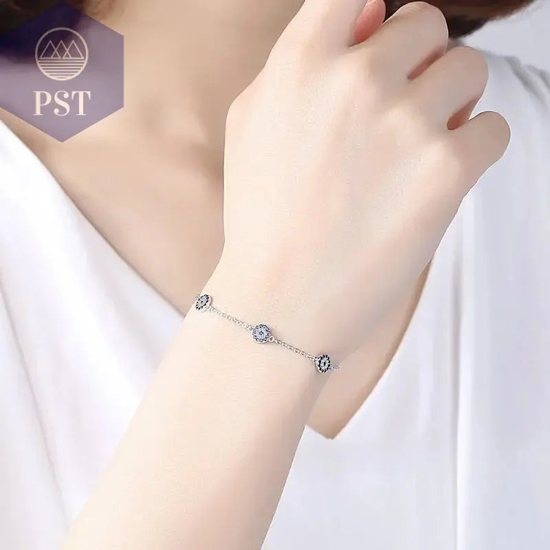 KALETINE Evil Eye Armbänder für Frauen, 925er Sterlingsilber, Paar-Armband, blau, rund, blau, CZ, Glücksbringer, Schmuck KLTB064       PST PS Tradings