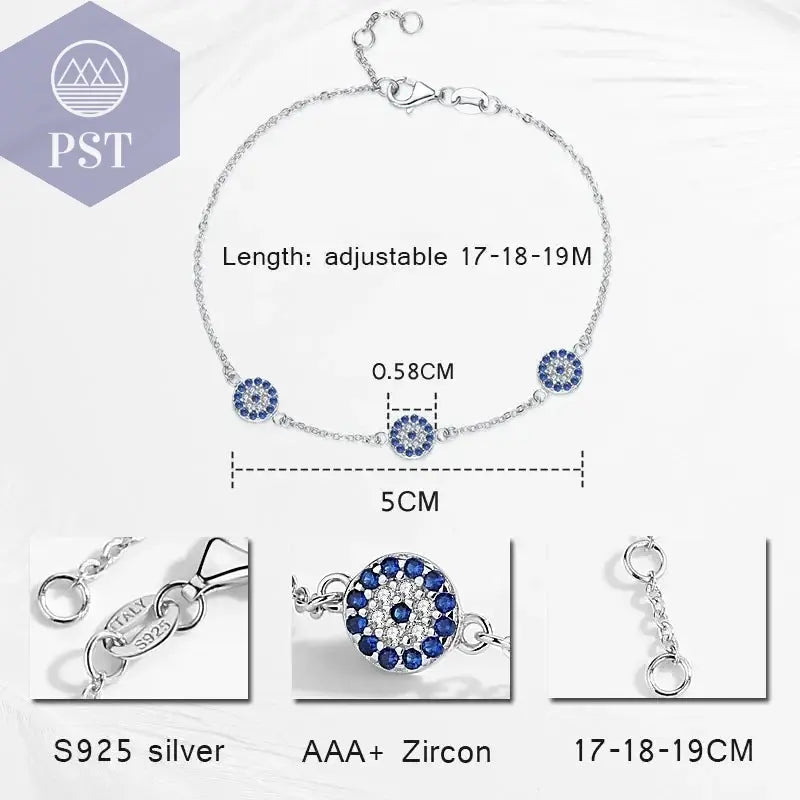 KALETINE Evil Eye Armbänder für Frauen, 925er Sterlingsilber, Paar-Armband, blau, rund, blau, CZ, Glücksbringer, Schmuck KLTB064       PST PS Tradings