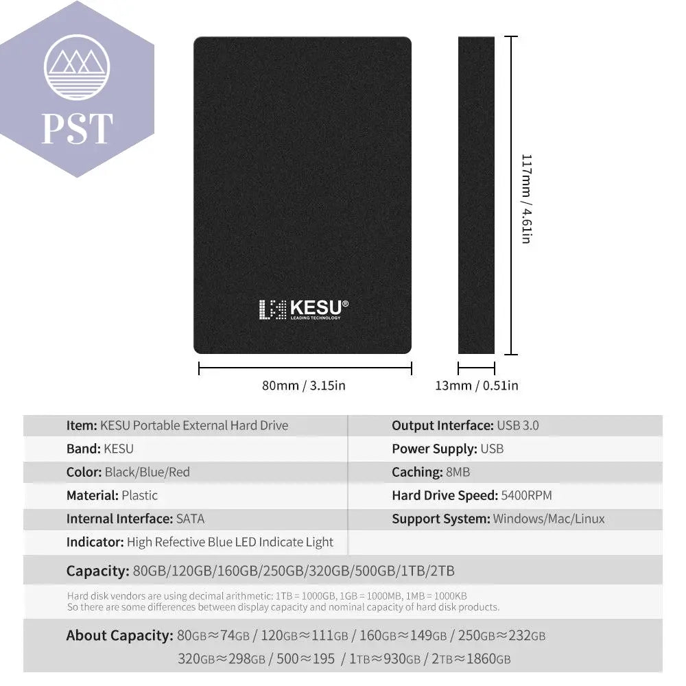 KESU HDD 2.5" Portable External Hard Drive 320gb/500gb/750gb/1tb USB3.0 Storage Compatible for PC, Mac, Desktop,MacBook - PST PS Tradings