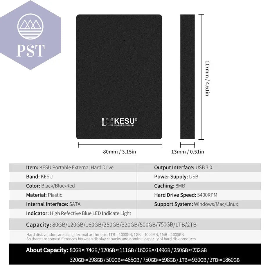 KESU HDD 2.5" Portable External Hard Drive 320gb/500gb/750gb/1tb USB3.0 Storage Compatible for PC, Mac, Desktop,MacBook - PST PS Tradings