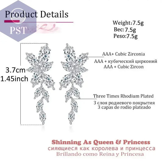 LXOEN Marquise Cut Flower Zirconia Crystal Long Drop Earrings for Women Shiny Leaf CZ Stone Bridal Wedding Jewelry       PST PS Tradings