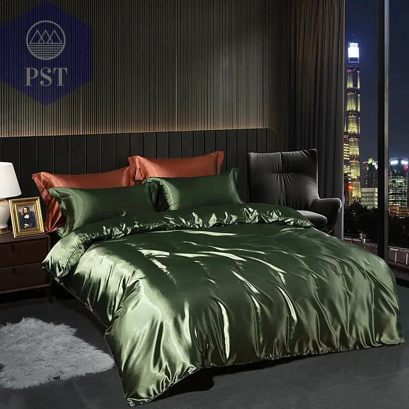 Luxuriöses Satin Bettwäsche Set mit Bettlaken PST PS Tradings Bettwäsche PST PS Tradings 1.8m-4pcs-Army-green-Flat-Bed-Sheet PST PS Tradings Luxuriöses Satin Bettwäsche Set mit Bettlaken Bettwäsche