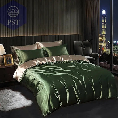 Luxuriöses Satin Bettwäsche Set mit Bettlaken PST PS Tradings Bettwäsche PST PS Tradings 1.8m-4pcs-Army-green-gold-Flat-Bed-Sheet PST PS Tradings Luxuriöses Satin Bettwäsche Set mit Bettlaken Bettwäsche