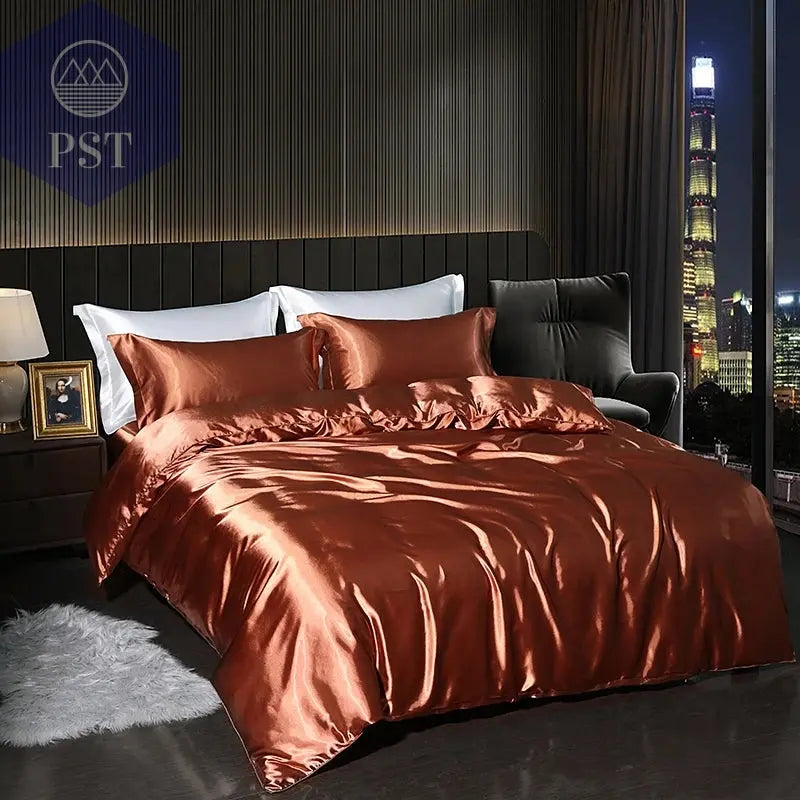 Luxuriöses Satin Bettwäsche Set mit Bettlaken PST PS Tradings Bettwäsche PST PS Tradings 1.8m-4pcs-Light-coffee-Flat-Bed-Sheet PST PS Tradings Luxuriöses Satin Bettwäsche Set mit Bettlaken Bettwäsche