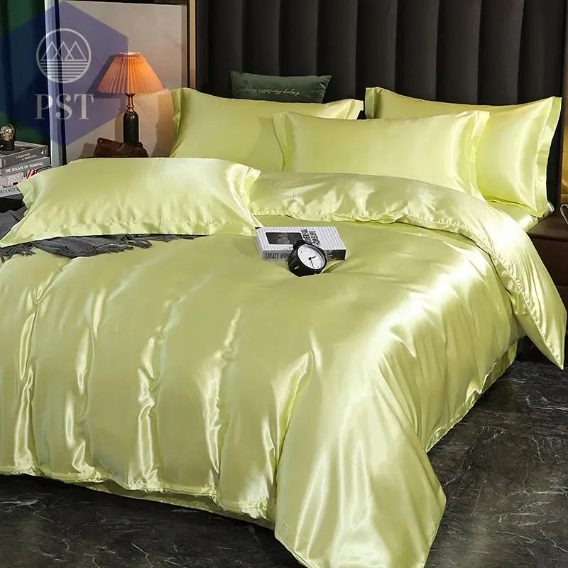 Luxuriöses Satin Bettwäsche Set mit Bettlaken PST PS Tradings Bettwäsche PST PS Tradings 1.8m-4pcs-Light-yellow-Flat-Bed-Sheet PST PS Tradings Luxuriöses Satin Bettwäsche Set mit Bettlaken Bettwäsche