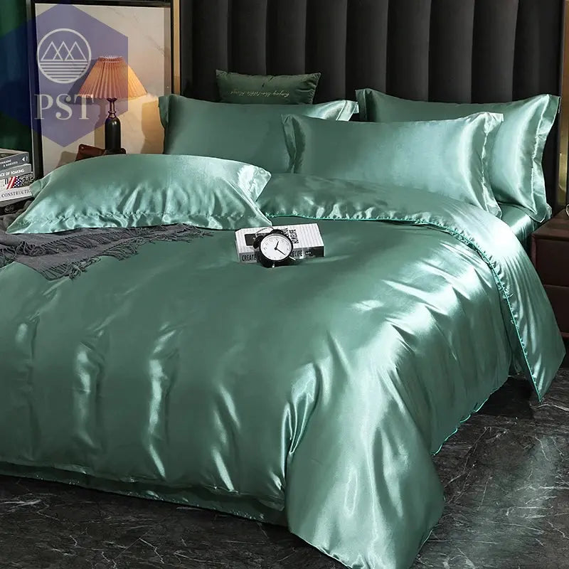 Luxuriöses Satin Bettwäsche Set mit Bettlaken PST PS Tradings Bettwäsche PST PS Tradings 1.8m-4pcs-Matcha-green-Flat-Bed-Sheet PST PS Tradings Luxuriöses Satin Bettwäsche Set mit Bettlaken Bettwäsche