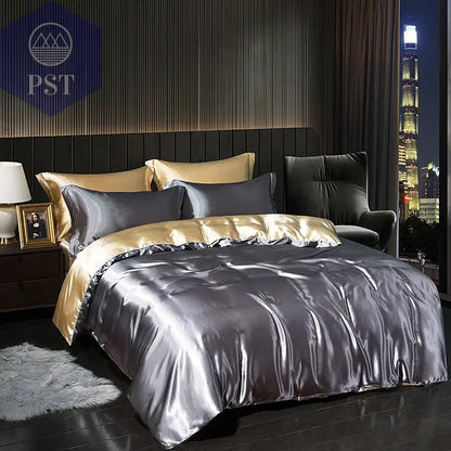 Luxuriöses Satin Bettwäsche Set mit Bettlaken PST PS Tradings Bettwäsche PST PS Tradings 1.8m-4pcs-Silver-grey-camel-Flat-Bed-Sheet PST PS Tradings Luxuriöses Satin Bettwäsche Set mit Bettlaken Bettwäsche