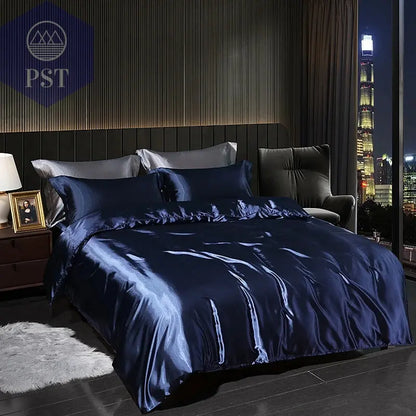 Luxuriöses Satin Bettwäsche Set mit Bettlaken PST PS Tradings Bettwäsche PST PS Tradings 2.0m-4pcs-Navy-blue-Flat-Bed-Sheet PST PS Tradings Luxuriöses Satin Bettwäsche Set mit Bettlaken Bettwäsche
