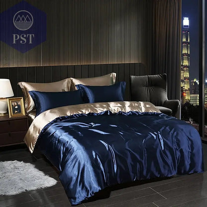 Luxuriöses Satin Bettwäsche Set mit Bettlaken PST PS Tradings Bettwäsche PST PS Tradings 2.0m-4pcs-Navy-blue-gold-Flat-Bed-Sheet PST PS Tradings Luxuriöses Satin Bettwäsche Set mit Bettlaken Bettwäsche