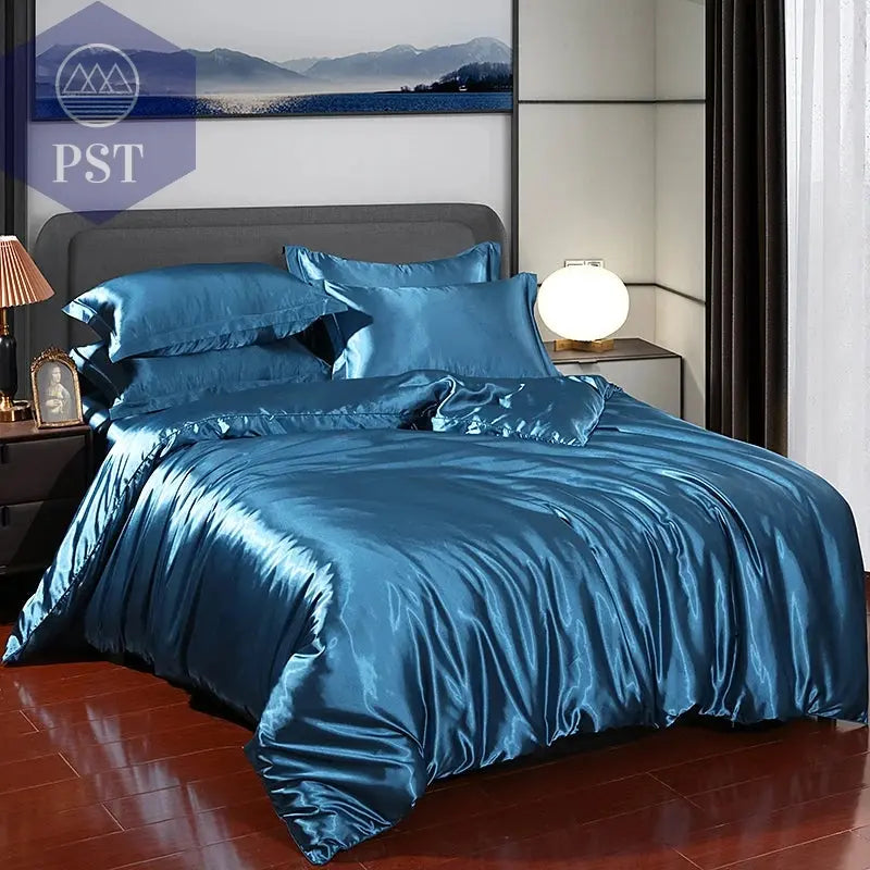 Luxuriöses Satin Bettwäsche Set mit Bettlaken PST PS Tradings Bettwäsche PST PS Tradings 2.0m-4pcs-Peacock-blue-Flat-Bed-Sheet PST PS Tradings Luxuriöses Satin Bettwäsche Set mit Bettlaken Bettwäsche