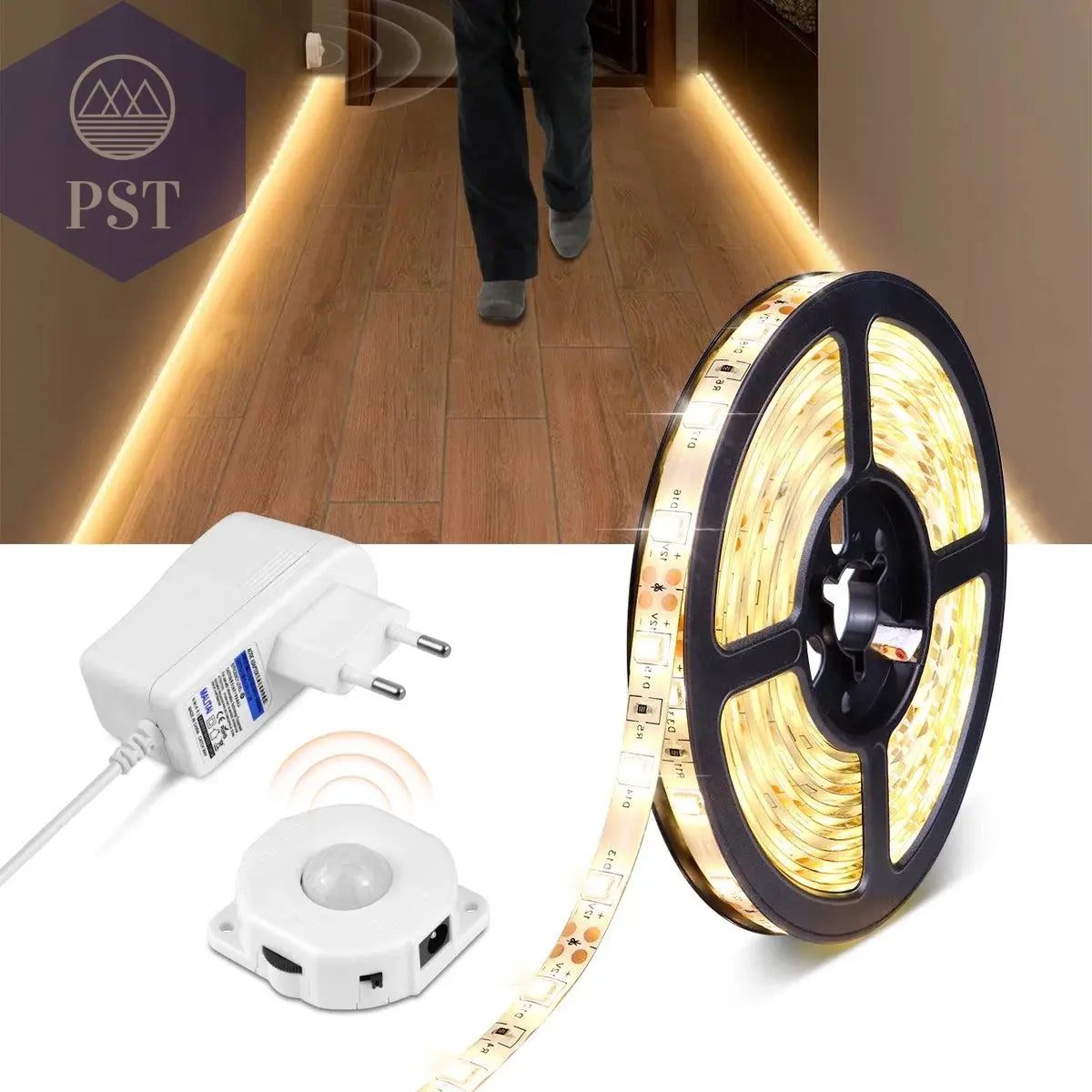 Motion Sensor LED Under Cabinet Light Bed Night Light 1M-5M LED Strip Tape Night Sensor Lamp With 110V-220V to 12V Power Adapter       PST PS Tradings