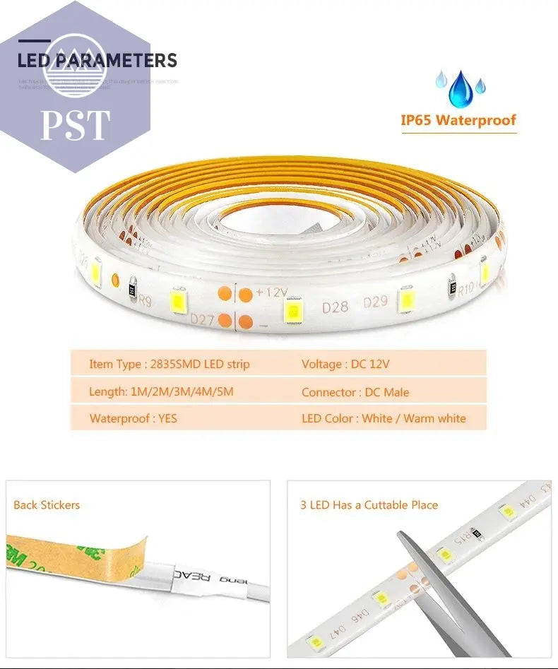 Motion Sensor LED Under Cabinet Light Bed Night Light 1M-5M LED Strip Tape Night Sensor Lamp With 110V-220V to 12V Power Adapter       PST PS Tradings