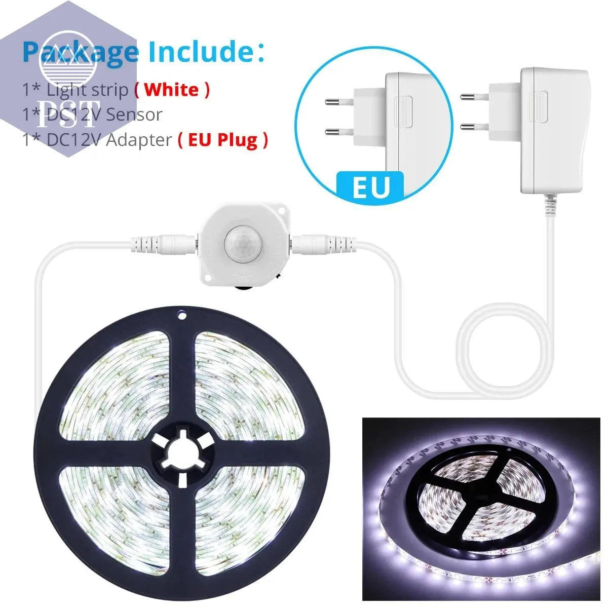 Motion Sensor LED Under Cabinet Light Bed Night Light 1M-5M LED Strip Tape Night Sensor Lamp With 110V-220V to 12V Power Adapter       PST PS Tradings