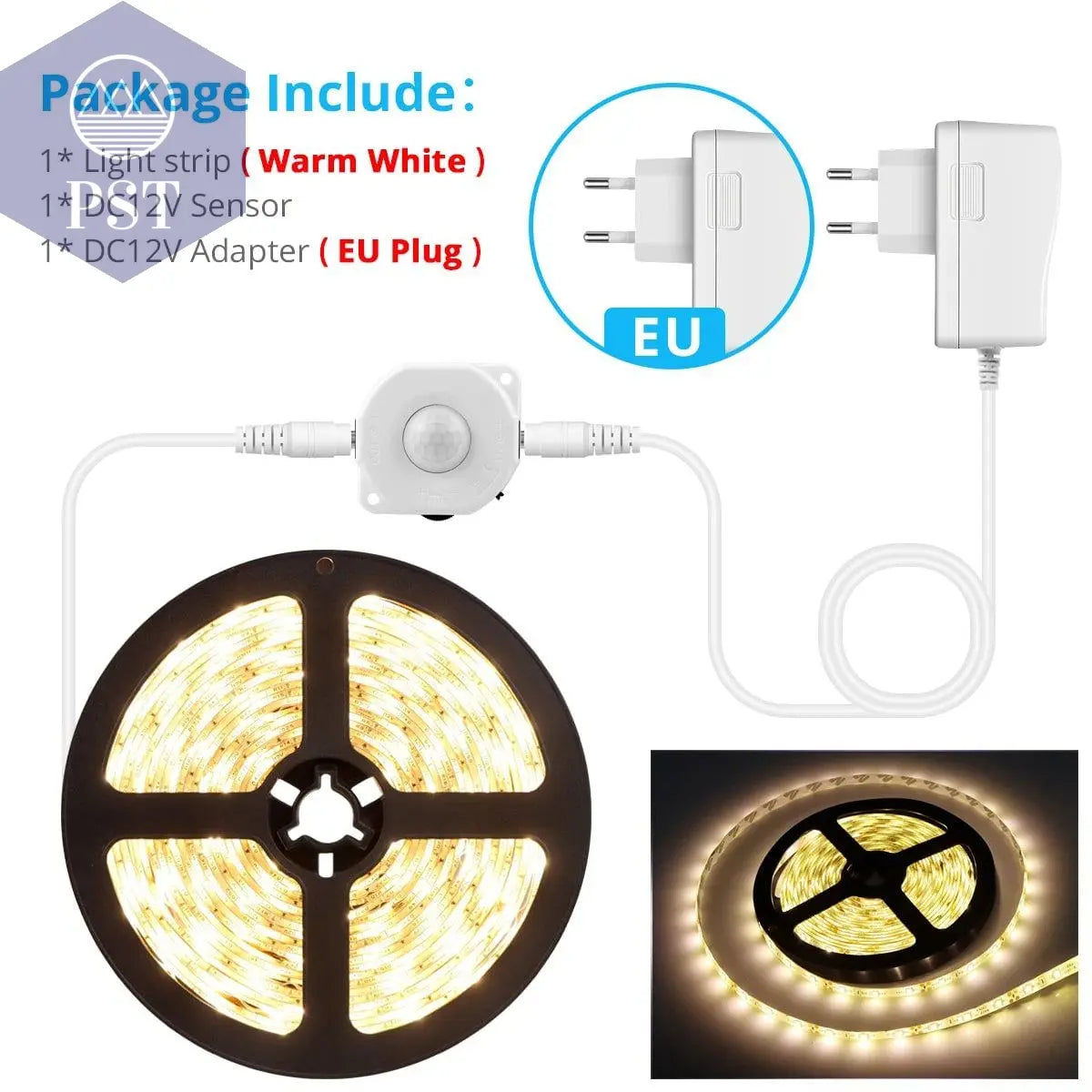 Motion Sensor LED Under Cabinet Light Bed Night Light 1M-5M LED Strip Tape Night Sensor Lamp With 110V-220V to 12V Power Adapter       PST PS Tradings