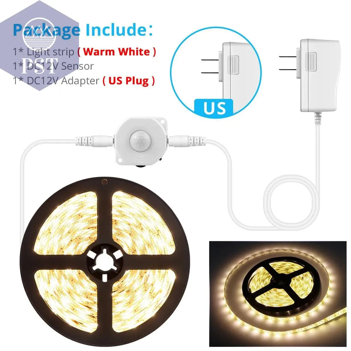 Motion Sensor LED Under Cabinet Light Bed Night Light 1M-5M LED Strip Tape Night Sensor Lamp With 110V-220V to 12V Power Adapter       PST PS Tradings