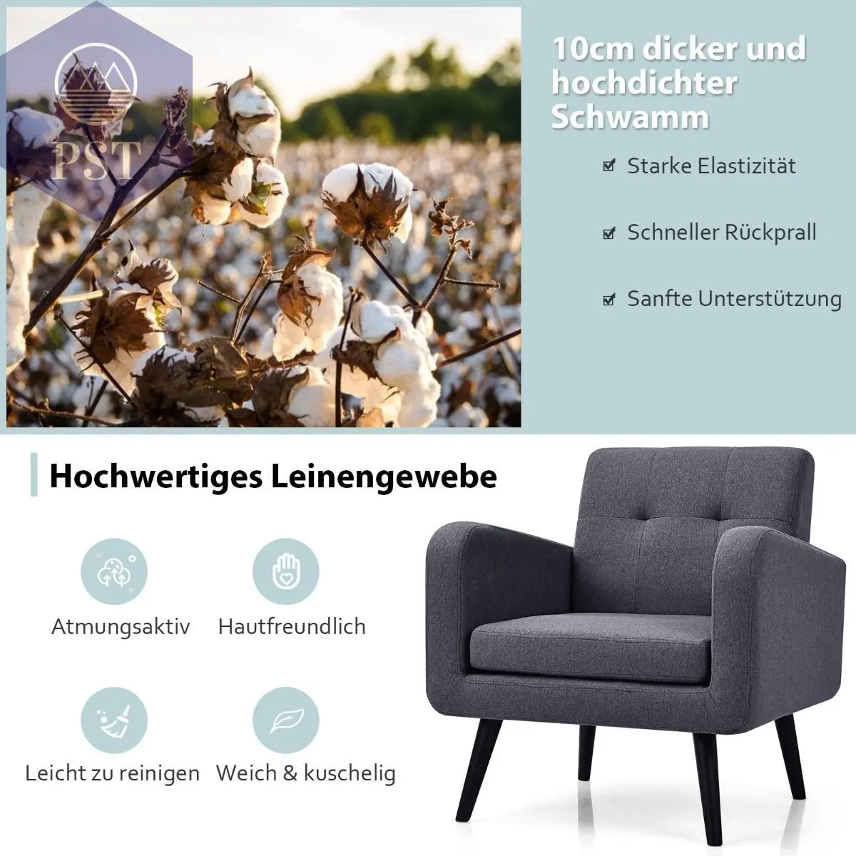 Ohrensessel Mit Armlehnen & Beinen Aus Massivem Gummiholz Lesesessel Fernsehsessel Grau