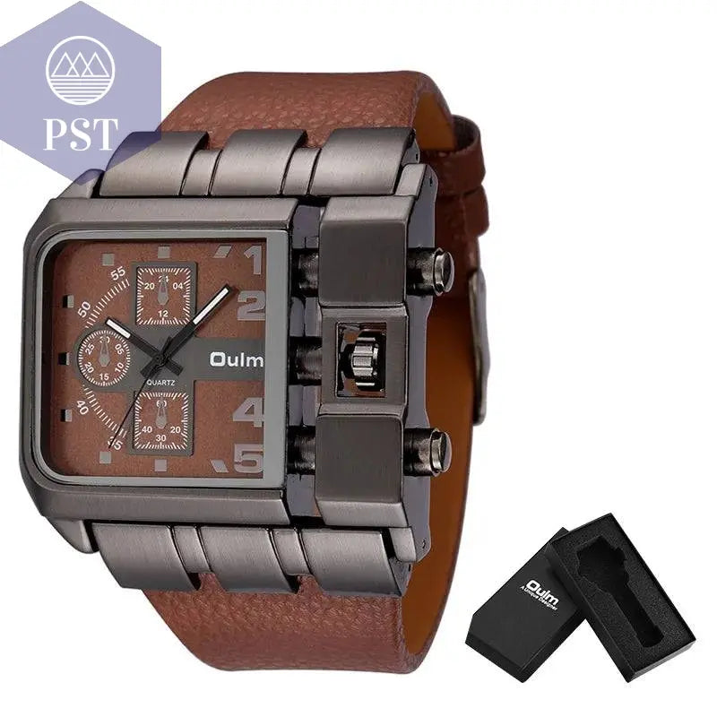 Oulm Brand 3364 Unique Design Square Men Wristwatch Wide Big Dial Casual Leather Strap Quartz Watch Male Sport Watches - Property & Safety Tradings