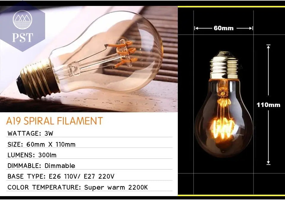 Retro Dimmable LED Edison Bulb E27 3W Gold Spiral Filament ST64 G125 Ampoule LED Lamp Incandescent Chandelier Decorative Lightin       PST PS Tradings