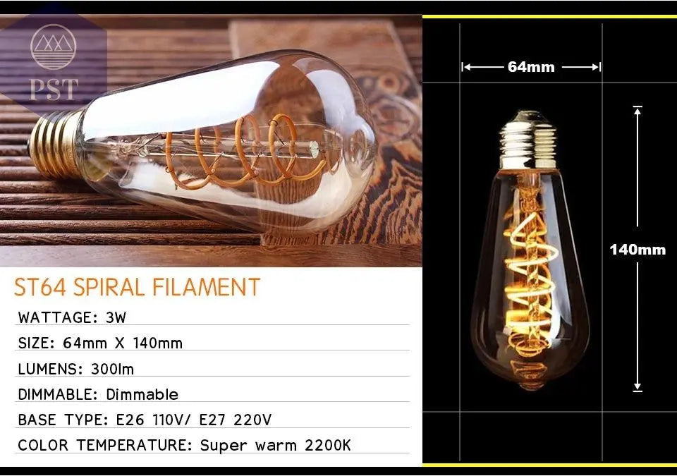 Retro Dimmable LED Edison Bulb E27 3W Gold Spiral Filament ST64 G125 Ampoule LED Lamp Incandescent Chandelier Decorative Lightin       PST PS Tradings