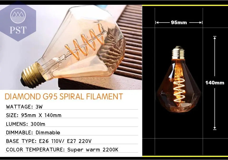 Retro Dimmable LED Edison Bulb E27 3W Gold Spiral Filament ST64 G125 Ampoule LED Lamp Incandescent Chandelier Decorative Lightin       PST PS Tradings